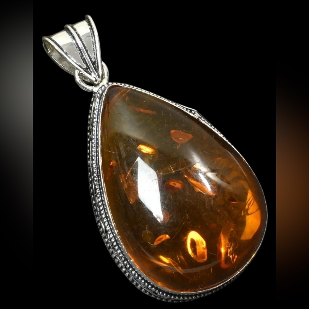 Huge Handcrafted Artisan Jewelry Pendant Amber Teardrop Honey Brown Silver